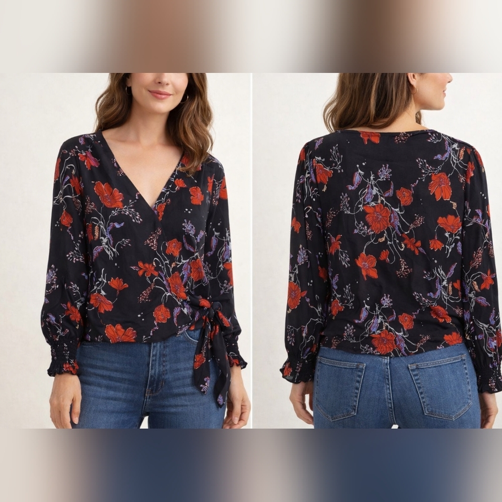 Madewell 100% Silk Floral Wrap Tie Blouse Black Red Women Size Medium